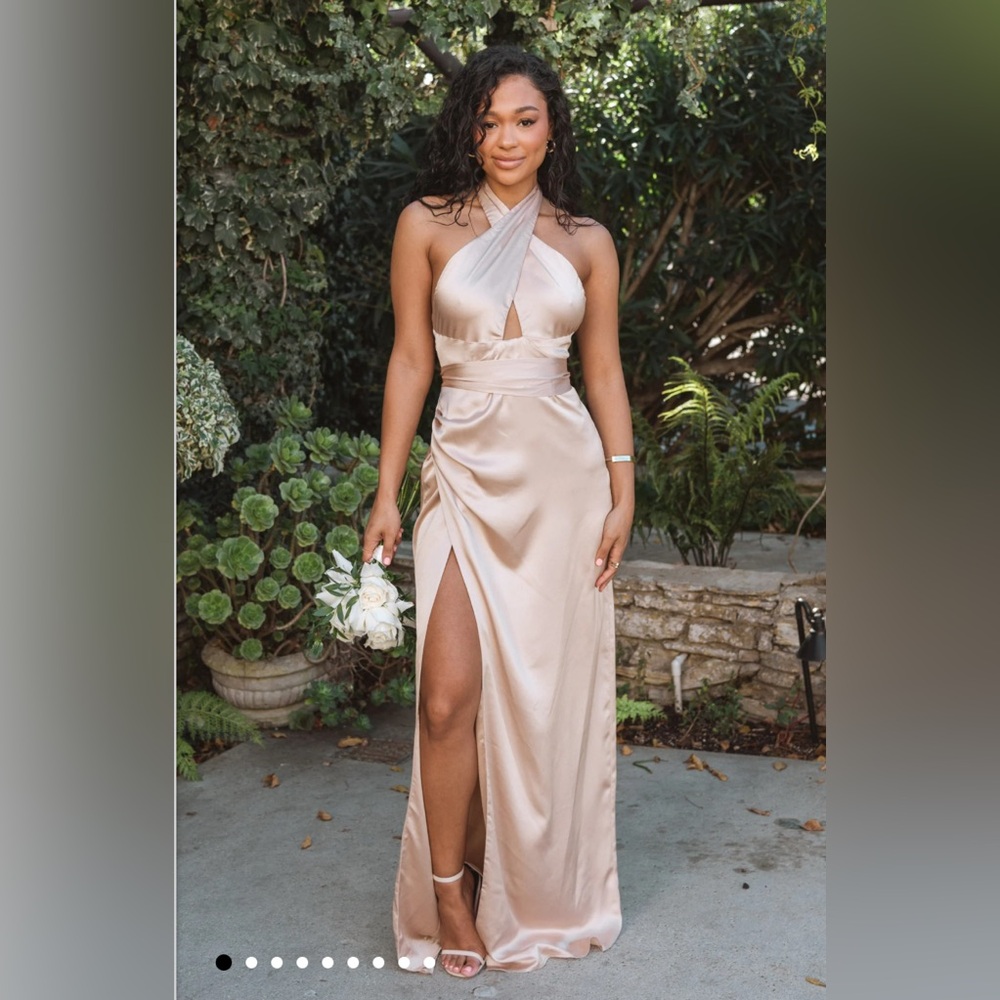 Show Me Your Mumu Adele Halter Maxi Dress in Champagne Luxe Satin